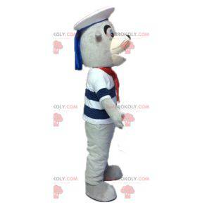 Grijze en witte zeeleeuwmascotte verkleed als zeeman -