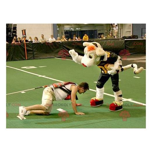 Maskottchen beige und schwarzer Tiger in Sportbekleidung -
