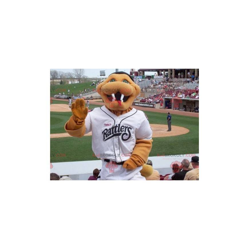 Brown snake mascot in white baseball outfit - Redbrokoly.com