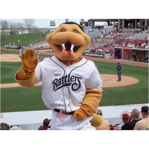 Mascota serpiente marrón en traje de béisbol blanco -