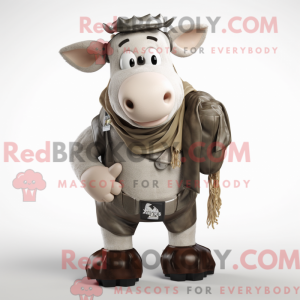 Fantasia de mascote de vaca Hereford prateada com calça cargo e cachecóis - Mascotes Vaca Hereford - RedBrokoly.com