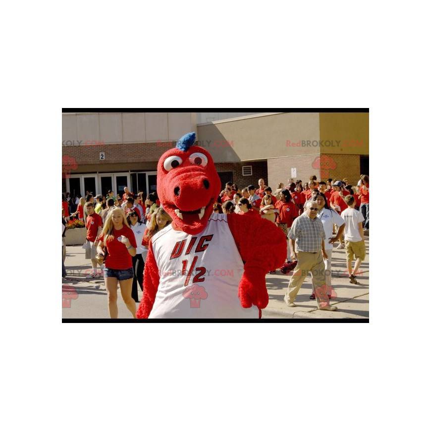 Red and blue dragon mascot with a white t-shirt - Redbrokoly.com