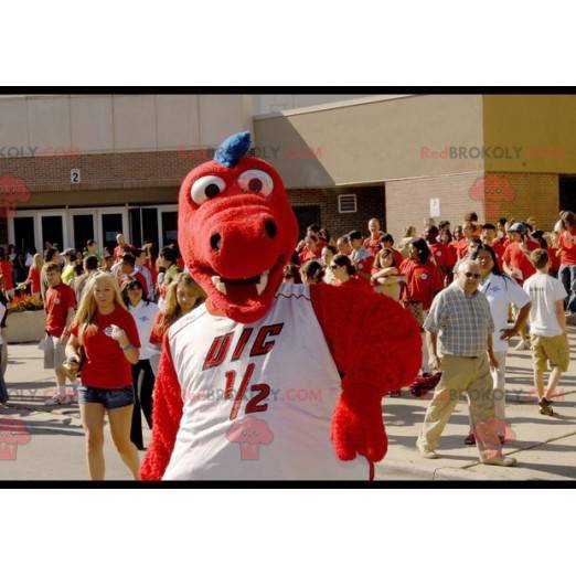 Red and blue dragon mascot with a white t-shirt - Redbrokoly.com