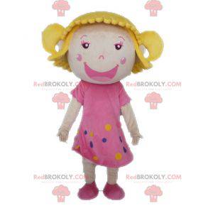 Mascotte de fillette blonde avec une robe rose - Redbrokoly.com