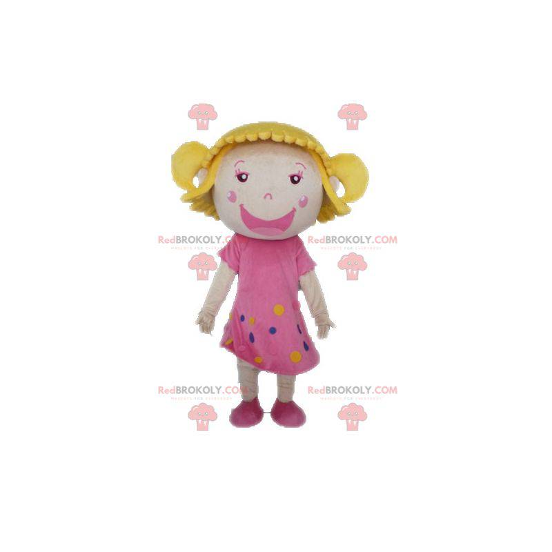 Blondes Mädchen des Maskottchens mit einem rosa Kleid -