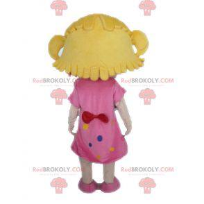 Mascotte de fillette blonde avec une robe rose - Redbrokoly.com