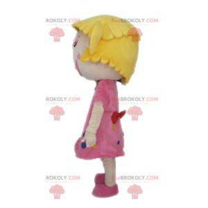 Mascotte de fillette blonde avec une robe rose - Redbrokoly.com
