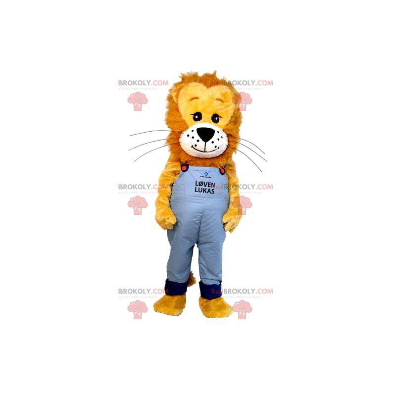 Mascote de filhote de leão com macacão jeans - Redbrokoly.com