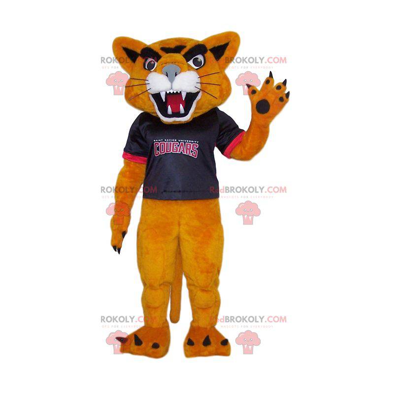 Aggressiv cougar maskot med sin supporter jersey -