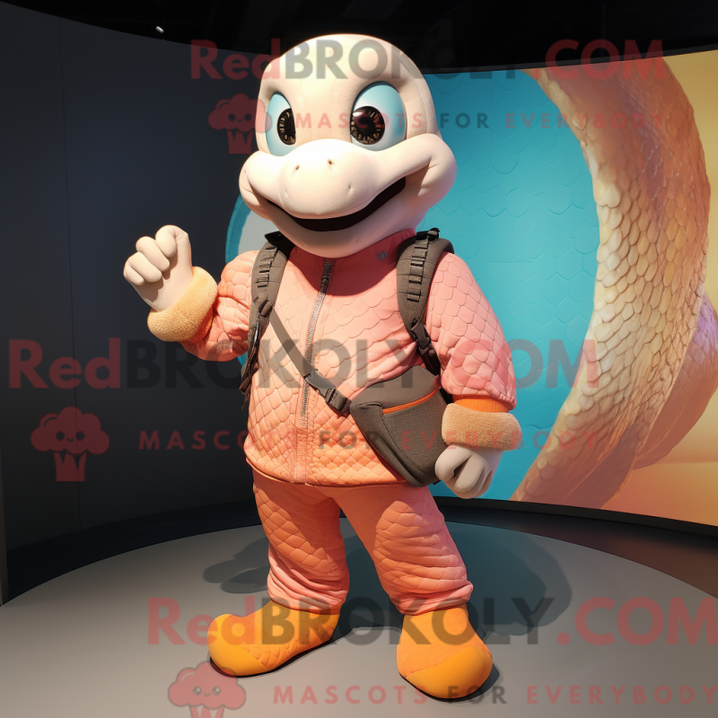 Persikofärgad python maskotdräkt med motorjacka och ryggsäckar - Python Mascots - REBROKO_210107 - RedBrokoly.com