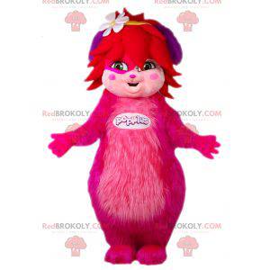 Mascote feminino de Popples rosa e peludo. Criatura rosa -