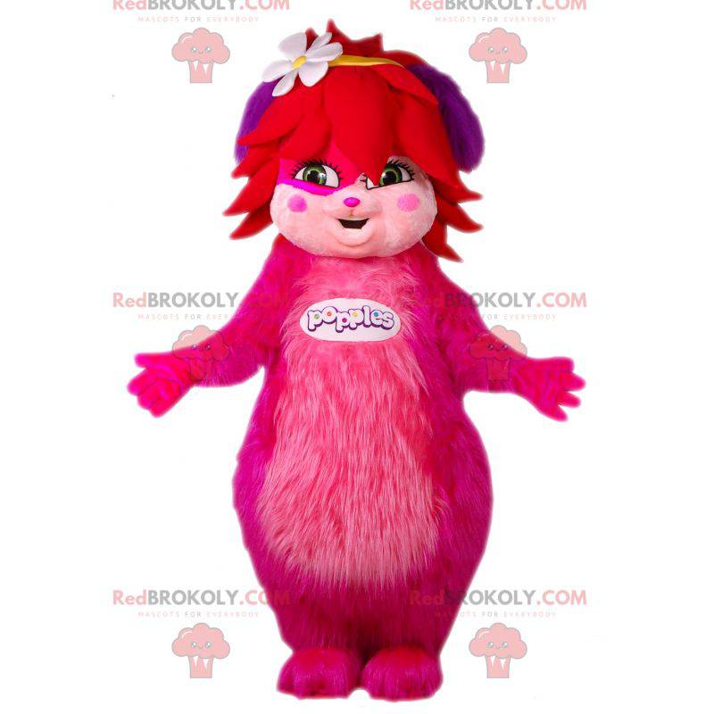 Mascote feminino de Popples rosa e peludo. Criatura rosa -