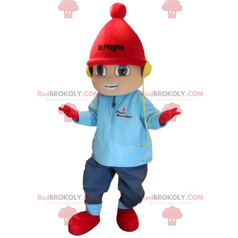 Mascot little boy dressed in winter clothes. La Plage -