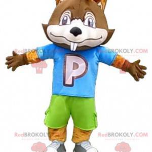 Mascota de castor marrón grande en traje colorido -