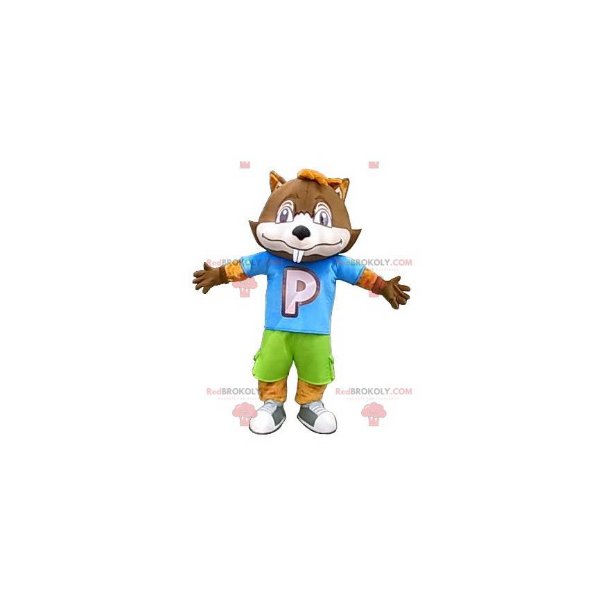 Big brown beaver mascot in colorful outfit - Redbrokoly.com