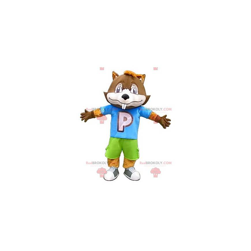 Mascota de castor marrón grande en traje colorido -