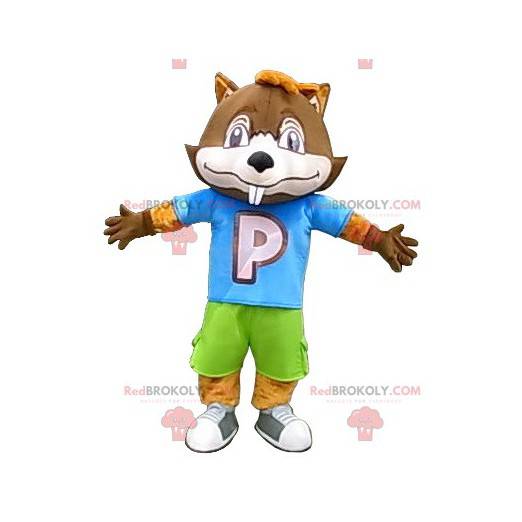 Big brown beaver mascot in colorful outfit - Redbrokoly.com