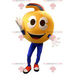 Very smiling yellow smiley mascot. Smiley costume -