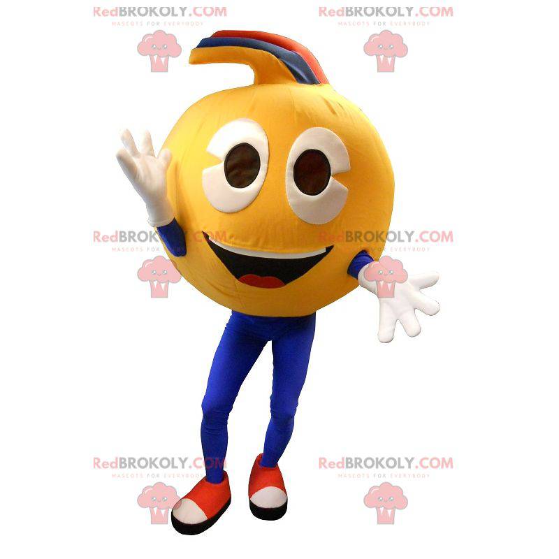 Very smiling yellow smiley mascot. Smiley costume -