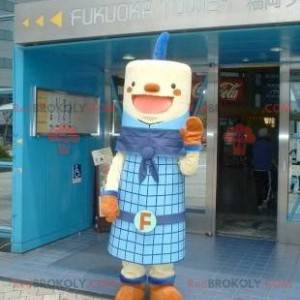 Mascote do boneco de neve cilíndrico azul e sorridente -