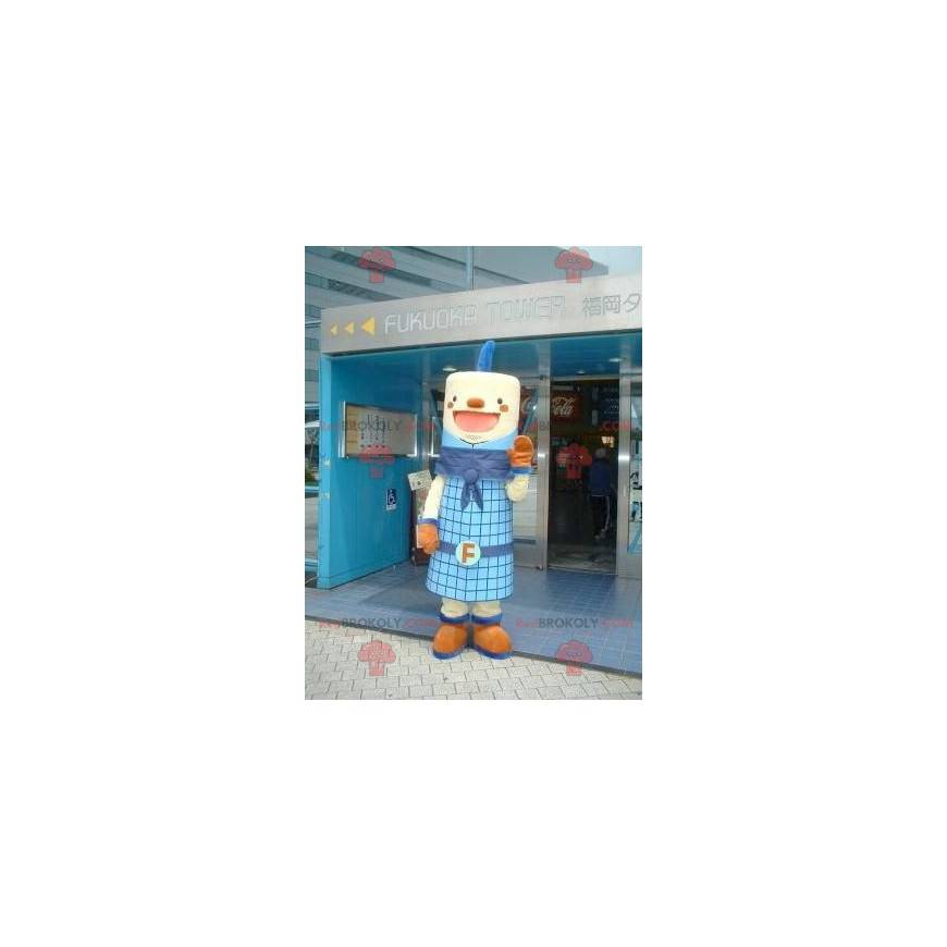 Mascota de muñeco de nieve cilíndrico azul y sonriente -