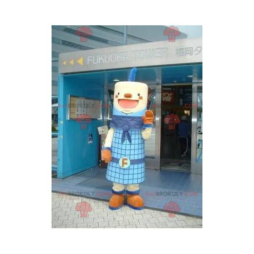 Mascota de muñeco de nieve cilíndrico azul y sonriente -
