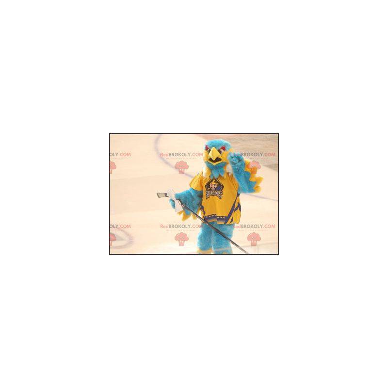 Blå och gul fågelmaskot all hårig - örnmaskot - Redbrokoly.com