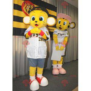 2 mascotes de tigres bebês amarelos em roupas esportivas -