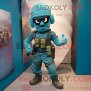 Fantasia de mascote Para Commando Ciano com bermuda cargo e alfinetes de gravata - Mascotes do Para Commando - RedBrokoly.com