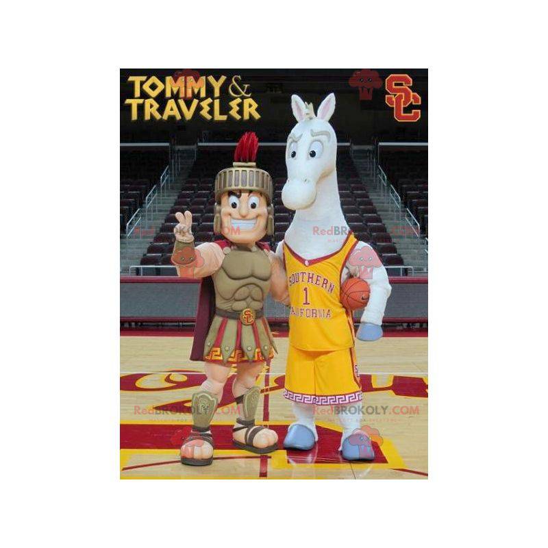 2 mascots a gladiator a Roman and a gray horse - Redbrokoly.com