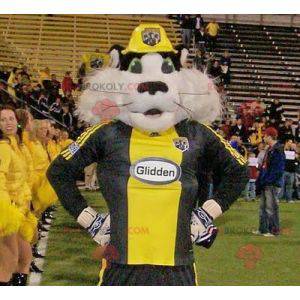 Black and white raccoon cat mascot in sportswear -