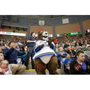 Brun og hvid bævermaskot i sportstøj - Redbrokoly.com