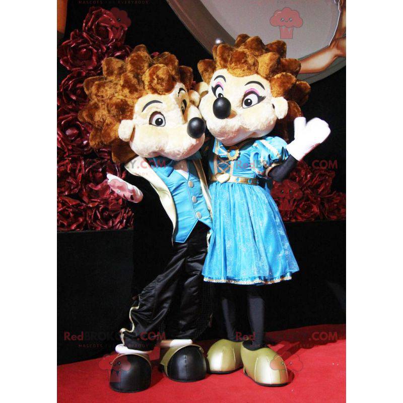 2 mascotas de erizos marrones y blancos con trajes elegantes - 2 mascotas de erizos marrones y blancos con trajes elegantes -