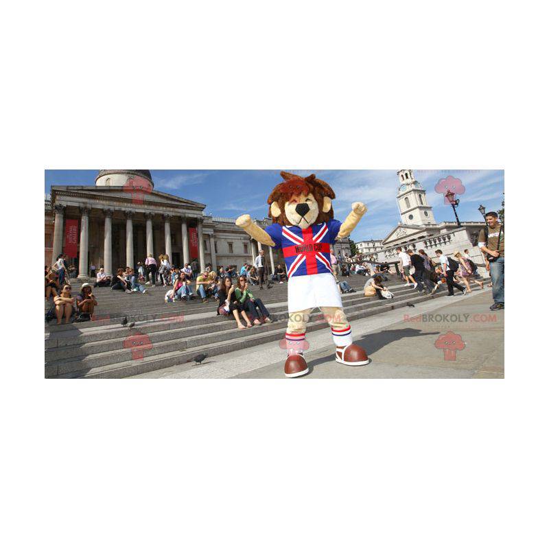 Brown and beige lion mascot with a British t-shirt -