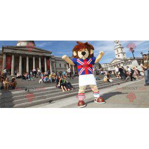 Brown and beige lion mascot with a British t-shirt -