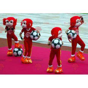 Mascotte de singe rouge et blanc en tenue de sport -