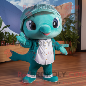 Teal Whale maskot kostume...
