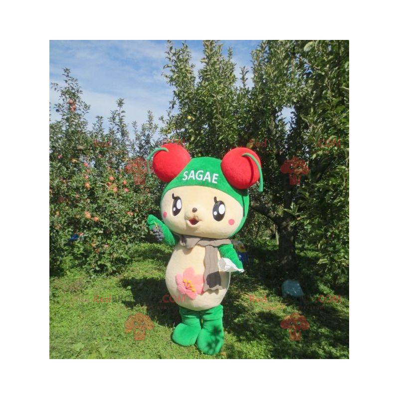 Mascot beige and green teddy bear with cherries on his head -
