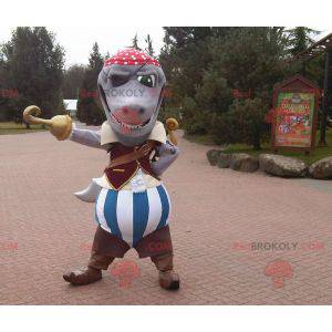 Mascotte di squalo grigio vestito in costume da pirata -