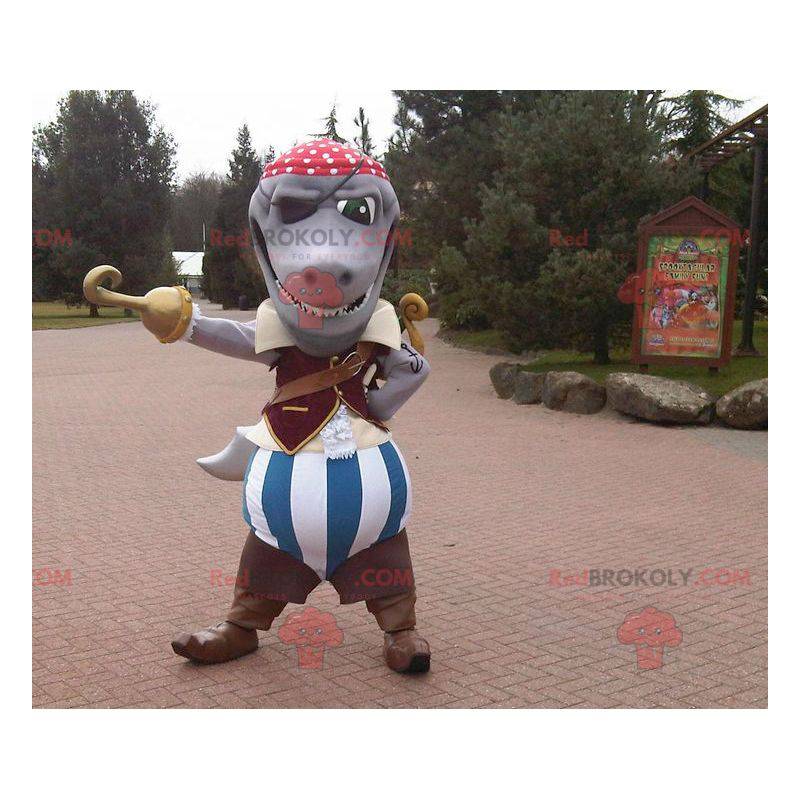 Mascotte de requin gris habillé en costume de pirate -