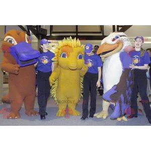 3 mascots a bird, a yellow hedgehog and an otter -