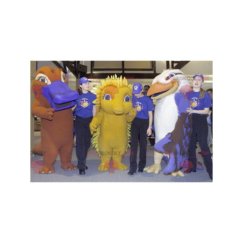 3 mascots a bird, a yellow hedgehog and an otter -