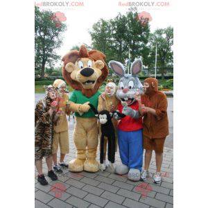 2 mascots a brown lion and a gray and white rabbit -