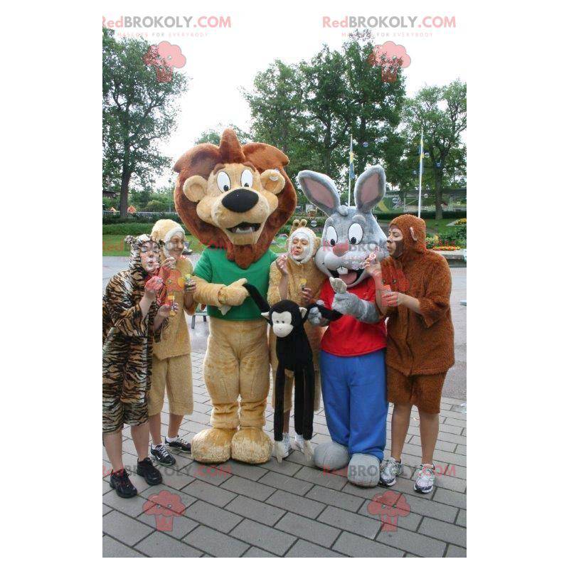 2 mascots a brown lion and a gray and white rabbit -