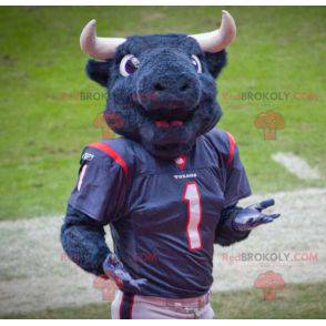 Mascote de búfalo negro com equipamento de futebol americano -