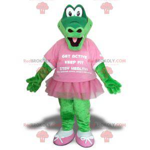 Green crocodile mascot with a pink tutu - Redbrokoly.com
