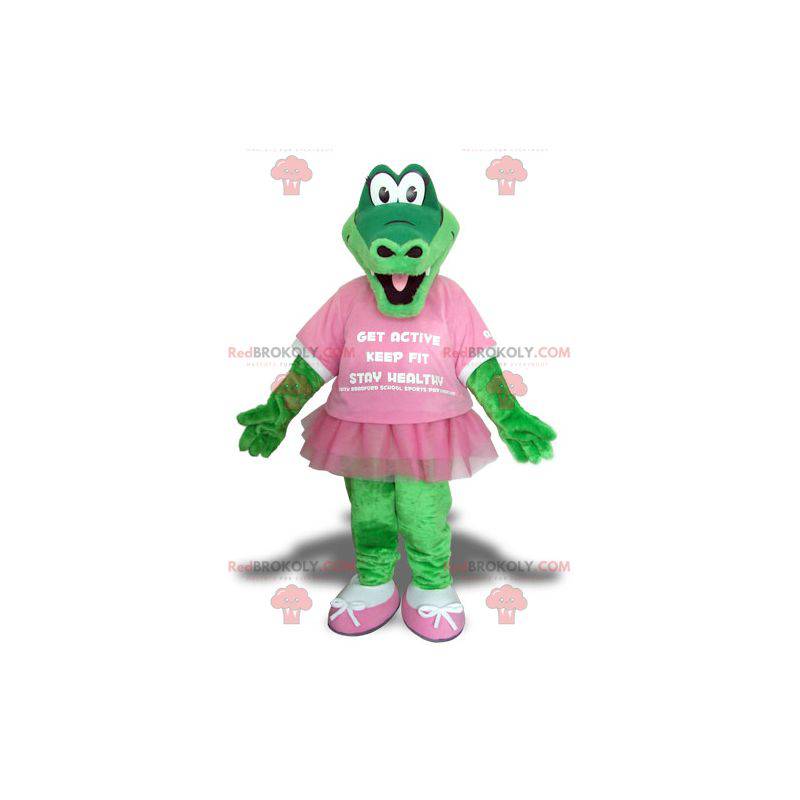 Grön krokodilmaskot med en rosa tutu - Redbrokoly.com