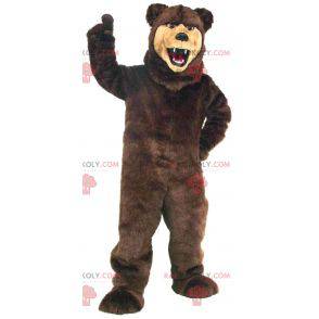 Mascote urso feroz marrom e bege todo peludo - Redbrokoly.com