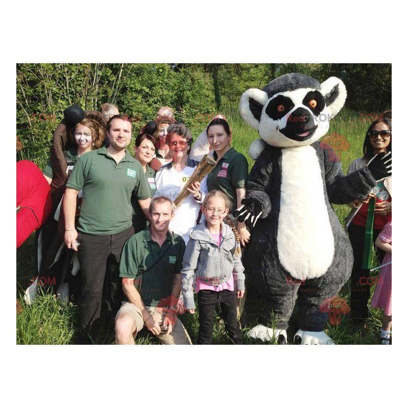 Maskot šedý černobílý lemur velmi sladký a roztomilý -