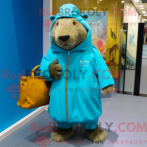 Fantasia de mascote de capivara turquesa com anoraque e bolsas - Mascotes da Capivara - REBROKO_210894 - RedBrokoly.com